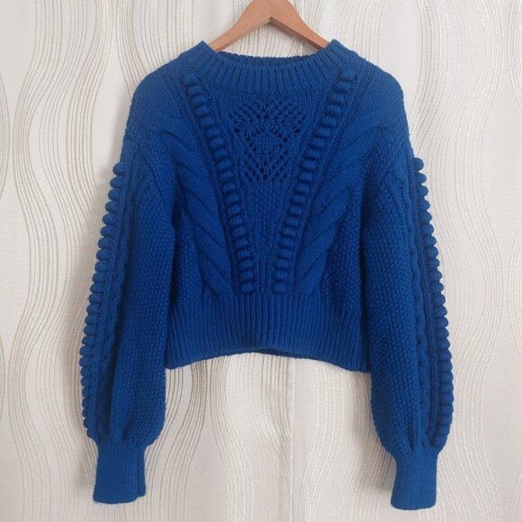 Anthropologie Indigo Blue Sweater Size M Cable Knit Crop Balloon Sleeve Warm EUC - Picture 2 of 14